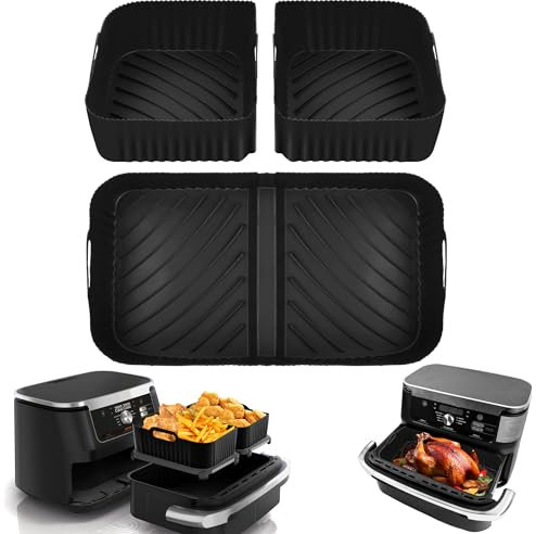 Air Fryer Liners Silicone for Ninja Flexi Drawer Air Fryer, AF500UK Accessories Reusable Air Fryer Accessories Large Air Fryer Inserts, 1X10.4L and 2x5.2L (3 Packs- Black)