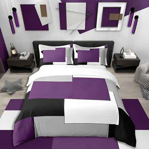Homemissing Violet Violet Géométrique 100% Coton Housse de Couette 240x260cm Moderne carré Parure de Lit Femme Noir Gris Blanc Literie Set Géométrique Ensemble de lit avec 2 taie d'oreiller