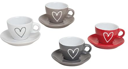 Set di 4 tazze da caffè espresso con piatti | tazze in ceramica in 4 colori diversi con decorazione a cuore, Per compleanno, San Valentino o Natale, set completo da 4 x 90 ml