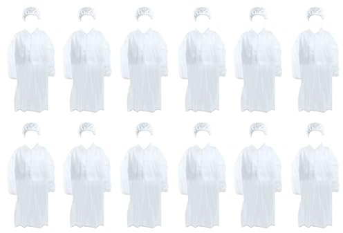 Tradineur - Pack de 12 Trajes Protectores de Trabajo, TNT, Cierre con Botones y Gorro, Mono desechable, protección, Multiusos, Bricolaje, Unisex (Blanco - Talla única)