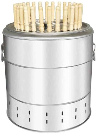 Gril suspendu portable sans fumée à 360° avec 28 brochettes en acier inoxydable et baril de braisage au charbon de bois de grande capacité pour la cuisine en plein air (argenté, 42 cm x 39 cm)