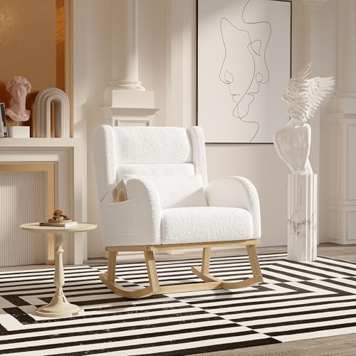 BRILVERDE Fauteuil à Bascule, Chaise a Bascule Allaitement, en Peau d'agneau Blanche, avec Autocollants antidérapants, pour Salon, Chambre à Coucher, Bureau (Blanc B)