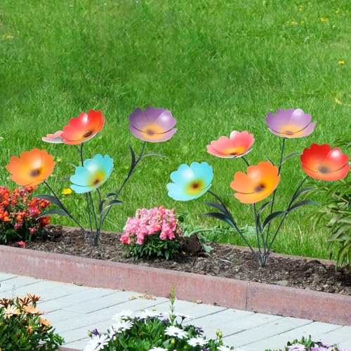 Yaocom Metall-Outdoor-Blumen für den Frühling, Outdoor-Dekorationen, Blumenstrauß aus Mohnblumen, Gartenstecker, Metall, Hofkunst, Dekoration, rustikal, handgefertigt, für Gartenzaun (bunt, hell), 2