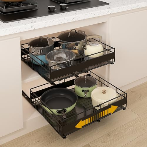 REALINN Lot de 2 tiroirs coulissants extensibles (30,5 à 50,8 cm), 3 rails coulissants à fixer avec adhésif ou vis, étagères déroulantes pour organisation d'armoire de cuisine, noir, 12 cm de hauteur