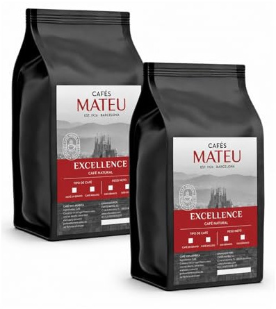 Cafés Mateu Café Molido Fino 1kg Excellence Blend Arábica-Robusta Cremoso e Intenso Tueste Artesanal Semanal para Espresso y Cafetera Italiana Paquete de 2 x 500 g
