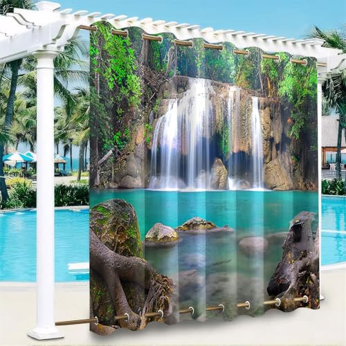 Hiseng Outdoor Vorhänge Wetterfest mit Ösen Oben und Unten, 3D Wasserfall Muster wasserdichte Outdoorvorhänge 1 Stück Verdunkelungsvorhang Sichtschutz Vorhang (Wasserlauf,200x200cm)