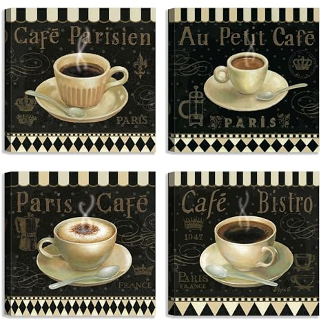 LuxHomeDecor Set di 4 Quadri Caffè 30x30 cm – Stile Vintage Chic con Tazze e Scritte Francesi – Stampa su tela con telaio in legno – Decorazione per Cucina, Bar o Sala da Pranzo