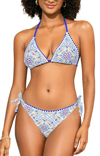 SHEKINI Womens Bikini Set Triangle Halter Tie Side Two Piece Swimsuit | Triangle halter bikini set with adjustable ties