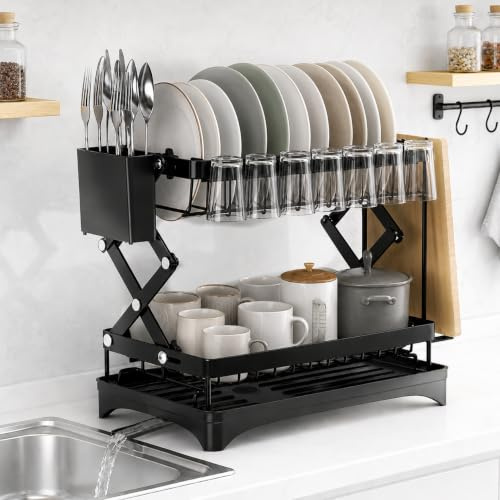 Todlabe 2 Tier Dish Drainer Rack, Foldable Dish Drying Rack with Drip Tray, Adjustable Height Sink Drainer Rack for Kitchen Counter, Utensil Holder, Chopping Board Holder & 3-Way Drain Spout, Black