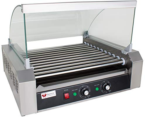 Beeketal 'BH11WG' Profi Hot Dog Grill mit 11 rotierenden Heizstäben, Edelstahl Würstchen Grill Gerät mit Fettauffangschublade und Glas Abdeckhaube, 2 Heizzonen separat stufenlos regelbar 50-250 °C