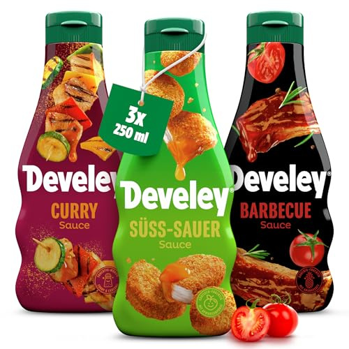 Develey – Saucen-Set 3x250ml Squeeze-Flaschen im Bundle – Bundle bestehend aus Süß-Sauer, Curry & BBQ – Ohne Konservierungsstoffe & Glutamat - Perfekt für viele Gerichte als Topping oder Dip