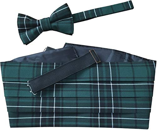 Maclean Kummerbund-Set mit Fliege und Einstecktuch, Schottenkaro, Grün, Grün, Schwarz, Weiß, Einheitsgröße