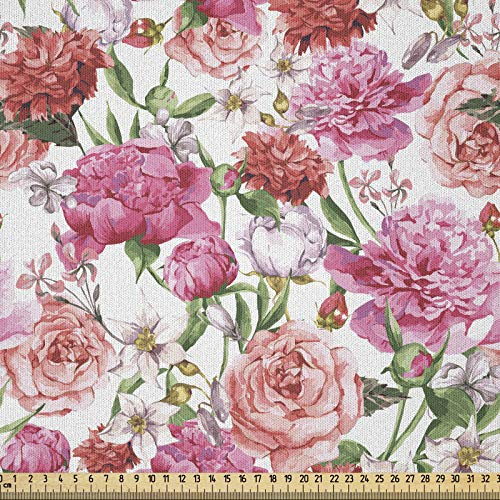 ABAKUHAUS Aquarell Stoff als Meterware, Rosa Pfingstrosen Rosen, Microfaser Stoff für Dekoratives Basteln, 1M (230x100cm),Weiß Rosa