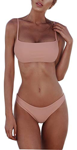 meioro Bikini för kvinnor med låg midja, baddräkt utan rysch, rosa, S