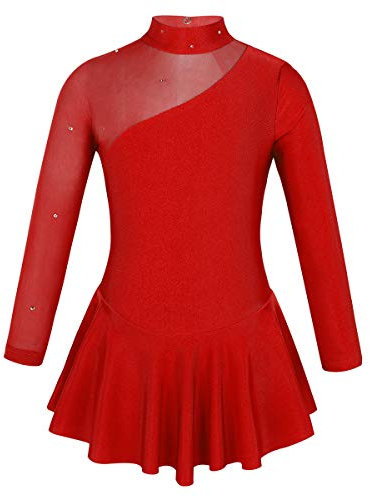 FEESHOW Kinder Mädchen Eiskunstlauf Kleid Langarm Trikotanzug mit Cut Out Rücken Tanzkleiung Gymnastik Skating Dress Gr. 104-164 Rot 140/10 Jahre