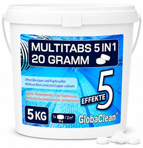 GlobaClean Multitabs für Pool 5 in 1 – 20g (5kg) - Hochwirksame Chlortabletten für Pool – Langzeit Chlor Tabs zur Algenbekämpfung & Flockung - Für kristallklares Wasser
