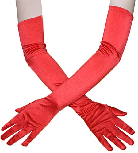 Achsoo Damen Lange Handschuhe Satin Classic Opera Fest Party Hochzeit Braut Handschuhe Elastisch ca. 53cm/21in lang (Rot -54cm/21in)