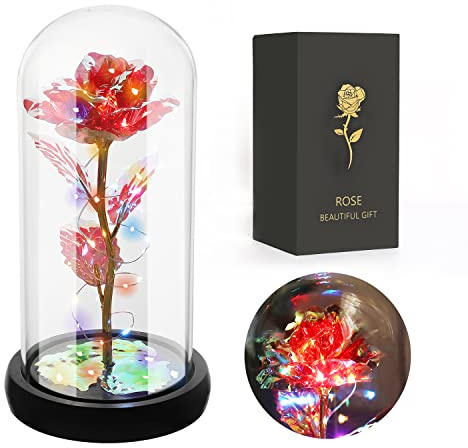 JUSTOYOU Rosen-Geschenke für Frauen, Mütter, Ehefrau, bunte künstliche Rose, Geschenk für Frauen, für immer in Glaskuppel, Regenbogen-Rose für Geburtstag, Weihnachten, Muttertag, Dekoration (rot)