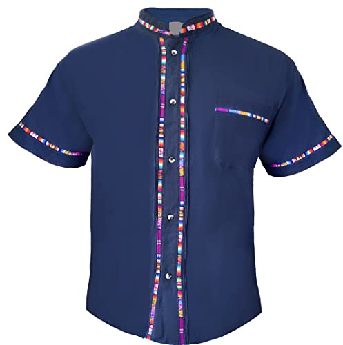 Mexican Guayabera Short Sleeve Shirt for Men Traditional Style Colorful Embroidery Mexican Shirt. Made in Mexico. 100% Cotton (as1, Alpha, xx_l, Regular, Regular, Navy)