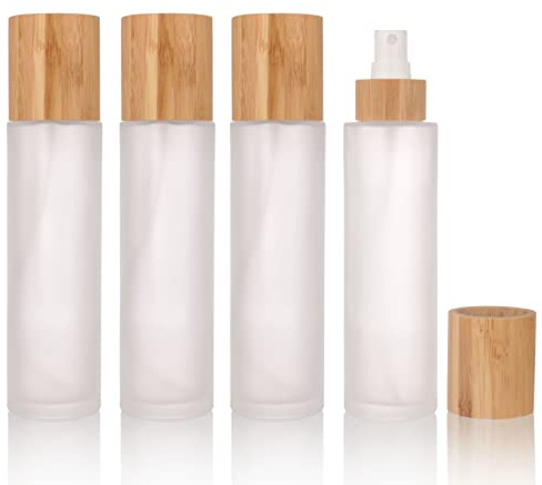 COSIDEA 4 st tomma 113 g/120 ml bambulock frostat glas sprayflaska med fint dimma despenser huvud för flytande parfym toalettartiklar behållare, tonerflaskor