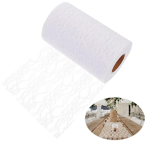 Tischläufer Spitze Weiß, 15cm x 22m Spitzenstoff Deko Tischläufer Weiß | Tischband Abwaschbar Hochzeitsdeko, Spitzenband Tischdeko, Vintage Spitze Tischdecke für Hochzeit Taufe Kommunion Deko