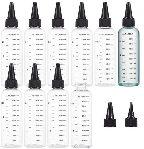 BENECREAT Paquete de 10 botellas PET transparentes con tapa negra, dispensadoras graduadas para tinta, líquidos, aceites, geles, pegamento