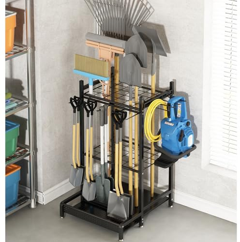 GILLAS Organizer per attrezzi da giardino per garage, rack portaoggetti con ganci, in metallo, per manici lunghi, scope, pala, rastrello, robusto rack pesante per esterni, cortile, nero