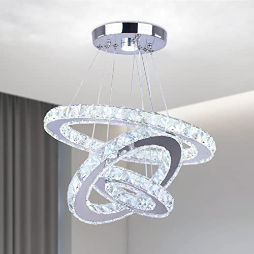 Cainjiazh Cristal Moderno Lámparas de araña 3 Anillos Ronda LED Lámpara de araña Accesorios DIY Iluminación Colgante Lámpara de techo ajustable para Comedor Dormitorio Sala de estar (Cool White)