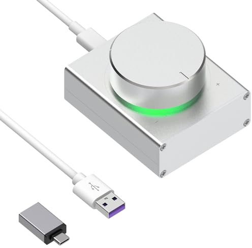 Geekria Bouton de Contrôle Audio, Molette Métal Réglage Volume, Contrôleur Volume PC/Téléphone avec Mute, USB & USB-C, Win 7/8/10, macOS, Android, Gaming et Bureau (Argent)