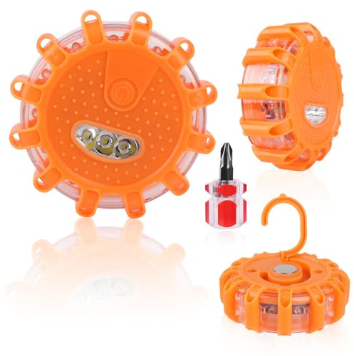 CAMUSBR 2 Pack Flashing Lights, LED Road Flares Car Emergency Kit, Warning Car Safety Beacon Flashing Disc Flare Kit with Magnetic Base for Vehicle Boat Car Truck | 9 Flash Modes