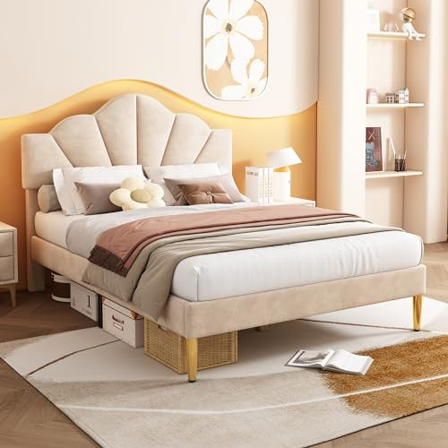 Rtopsu Polsterbett Doppelbett 140×200 cm, Bett mit Muschel Kopfteil, Bettgestell mit Lattenrost aus Holz, Höhenverstellbares Kopfteil, Samt, Beige, Ohne Matratze
