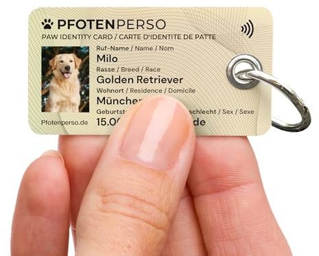 Pfotenperso Hundeausweis mit NFC-Chip - Hundemarke personalisiert mit Name - Namensschild für Halsband - Adressanhänger Hunde & Katzen - Tier Personalausweis mit Foto und QR