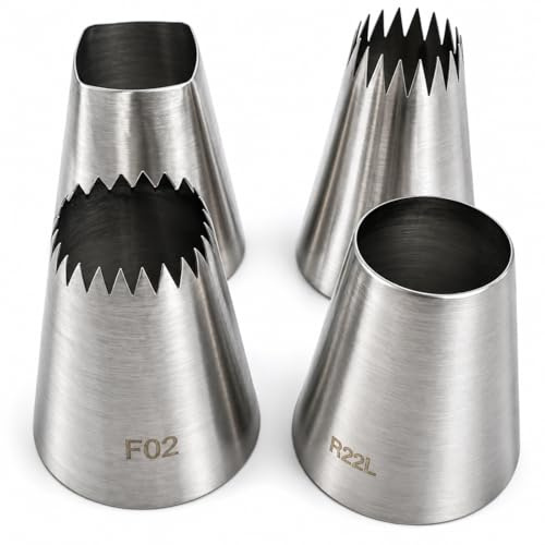 Tumtanm Large Piping Nozzles, 4Pcs #9FT #F02#F06#R22L Stainless Steel Seamless Icing Piping Nozzle Tip Set for Cupcakes and Baking