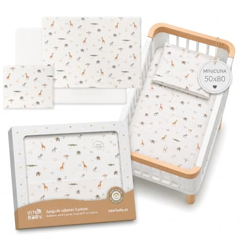 Juego Sabanas Minicuna 50x80 100% Algodon Transpirables Lavables con Sabana Bajera Ajustable para Recien Nacidos Textil Suave Descanso Bebes + Encimera y Funda Almohada Diseño Beige Primavera Verano