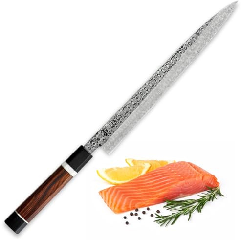 Wakoli Seishin Sashimi-Messer, 28,5 cm Klinge aus 110 Lagen Volldamaststahl | Wüsteneisenholz-G10-Griff, 15° V-Schliff beidseitig, 60±1 HRC; für Sushi, Sashimi, Fisch- und Fleischfilets; mit Geschenkbox.