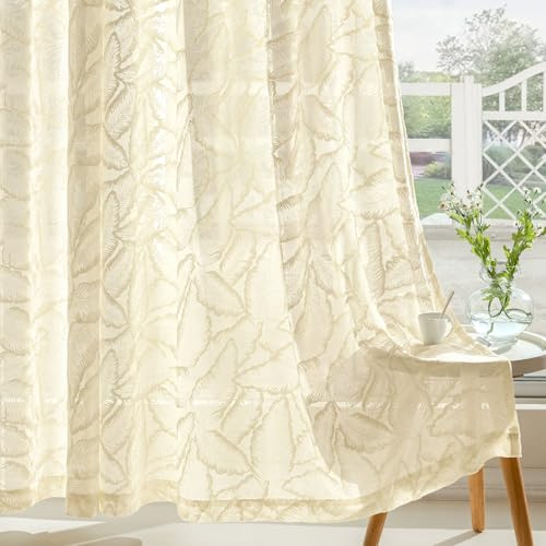 MIULEE Gardinen 2er Voile Vorhang mit Blattmuster Ösen 240×140cm Beige | Halbtransparente Voile mit zartem Vorhang mit Blattmuster, sanfte Lichtdurchlässigkeit für Wohn-, Schlaf- und Kinderzimmer