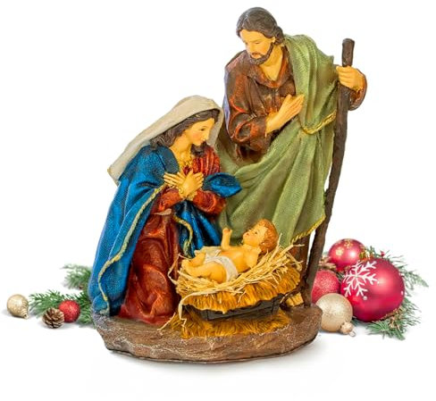 Avilia Statuine Natività in Resina Resistente 24,5x29,5cm - Personaggi Presepe Artigianali con Sacra Famiglia Ideale per Addobbare il tuo Presepe o Capanna di Natale - Ottimo Anche Come Idea Regalo