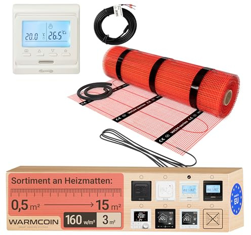 Warmcoin Elektrische Fußbodenheizung Komplettset 160 W/m² – Selbstklebende Heizmatte für Fliesen, Laminat, Vinyl & Parkett [0,5 x 6 m = 3 m²] – Inkl. programmierbarem LCD-Thermostat W51