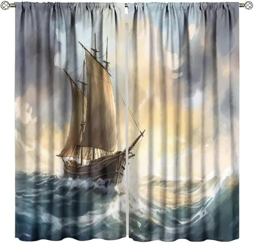 Kinder Verdunkelungsvorhänge Segelbootlandschaft 3D Polyester Ösen Vorhang, Für Wohnzimmer Schlafzimmer Kinderzimmer Junge Mädchen Zimmer Blickdicht Schallschutzvorhänge 2Er Set 150 (B) 9426351225632