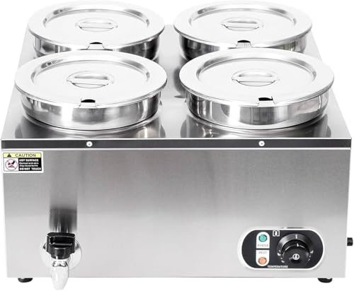 Commercial Bain Marie, 1500W Stainless Steel Electric Food Warmer, 4 * 7L Electric Soup Warmer, Adjustable Temperature 50-85℃, with Lids, Drain Tap, for Restaurant, Kitchen, Canteen
