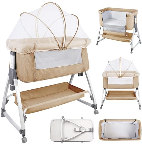 OHMG 4-in-1 Baby-Wiege mit Matratze, Befestigungsriemen und Rollen, höhenverstellbar, Co-Sleeping, leicht zusammenklappbar für Kleinkinder