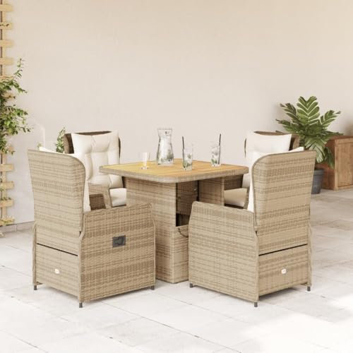 Gecheer 5-TLG.Garten-Essgruppe mit Kissen Sitzgruppe Gartenmöbel Set Sitzgarnitur Loungesofa Essgruppe Garten Set Rattanmöbel Gartengarnitur Esstisch mit Verstellbare Tischplatte Beige Poly Rattan