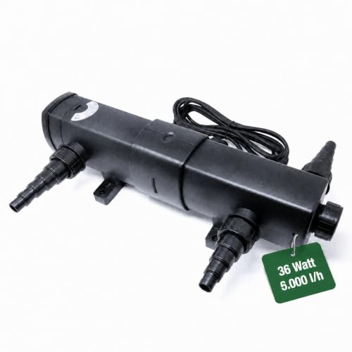 VIALIA UVC Klärer Teich CUV-236, 36 Watt, gegen Schwebealgen | Kristallklares Teichwasser ohne Chemie – mit UV-Schauglas, Schnellverschluss und Anschlüssen für 19–38 mm Schläuche