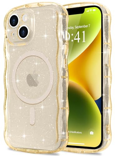 Pepmune für iPhone 14/13 Hülle Glitzer Kompatibel mit MagSafe, Gold | Transparent Wellenform Handyhülle. Wellen Design TPU Bumper Silikon Case. Stoßfest Schutzhülle für Mädchen.