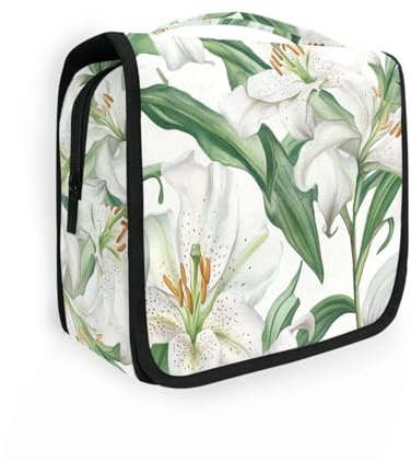 Trousse de toilette de voyage avec crochet de suspension pliable Motif fleurs de lys Blanc