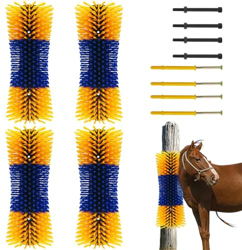 Creperture 4 Stück Kratzbürste Pferde Für Vieh, Gebogen Tierhaltungsbürste Kuh Pferd Nylon Massagebürsten Massagebürste Zur Linderung Von Juckreiz Für Fell Wie Kühe, Schafe, 19 x 43,7 x 10cm,Gelb+Blau