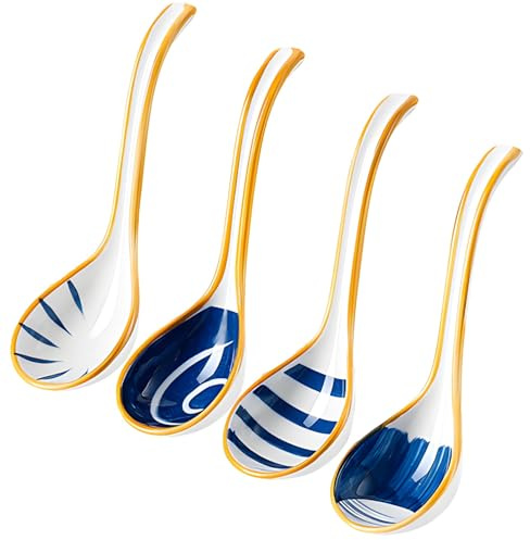 4 cucchiai da zuppa in ceramica, porcellana blu e bianca, finiture dorate, ciotole da 16 cm per ramen, pho, riso e zuppe asiatiche, stile tradizionale orientale
