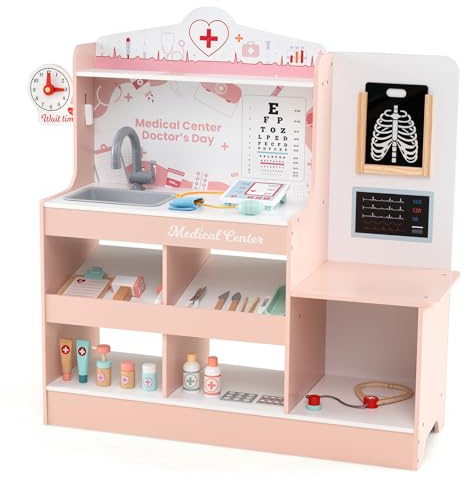 COSTWAY Sjukhusleksak, läkarlekset trä med medicinsk utrustning och 24 tillbehör, inklusive stetoskop och blodtrycksmätare och sprut, läkarrollspel för barn från 3 år (rosa)