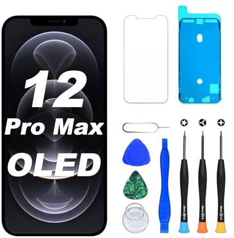 DIGI4U Ecran pour iPhone 12 Pro Max OLED, Full HD, Compatible Face ID, Écran Retina 3D Touch True Tone avec Assemblage Digitizer, Kit d’Outils de Réparation et Adhésif Étanche