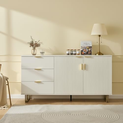 phosir Kommode mit 2 Türen und 3 Schubladen, Sideboard für Wohnzimmer, Esszimmer oder Flur, Stabiler Schrank mit Stahlbeinen, weiße Kommode mit Goldener Griffleiste, 160x40x81,5 cm